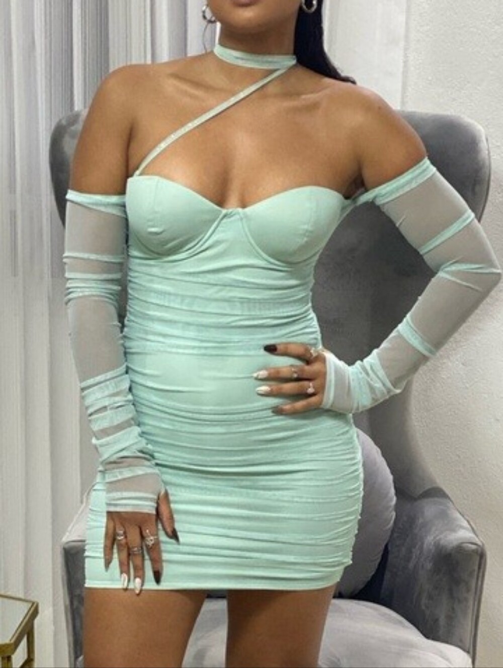 Oh Polly Mint Off-Shoulder Mesh Sleeve Bodycon Mini Dress